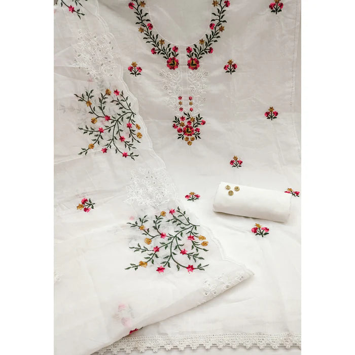 The Perfect Blend of Grace – White Floral Sequins Embroidered Chanderi Dress Material