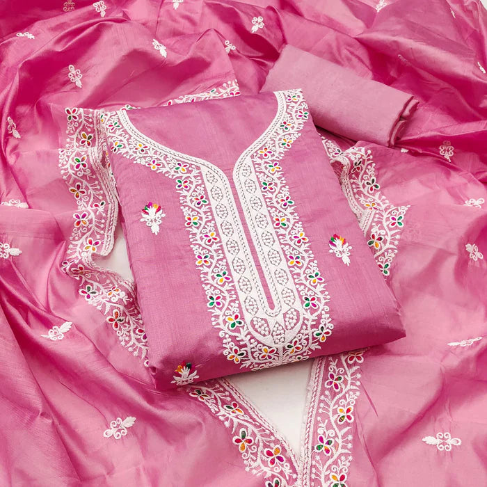 Floral Embroidered Chanderi Dress Material