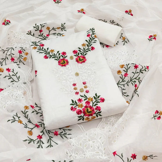 The Perfect Blend of Grace – White Floral Sequins Embroidered Chanderi Dress Material
