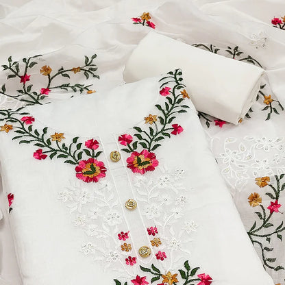 The Perfect Blend of Grace – White Floral Sequins Embroidered Chanderi Dress Material
