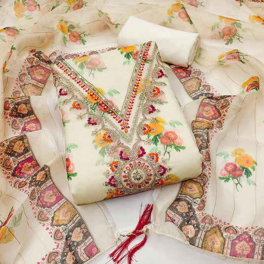 Cream Floral Digital Print Chanderi Silk Dress Material with Sequins & Cording Embroidery