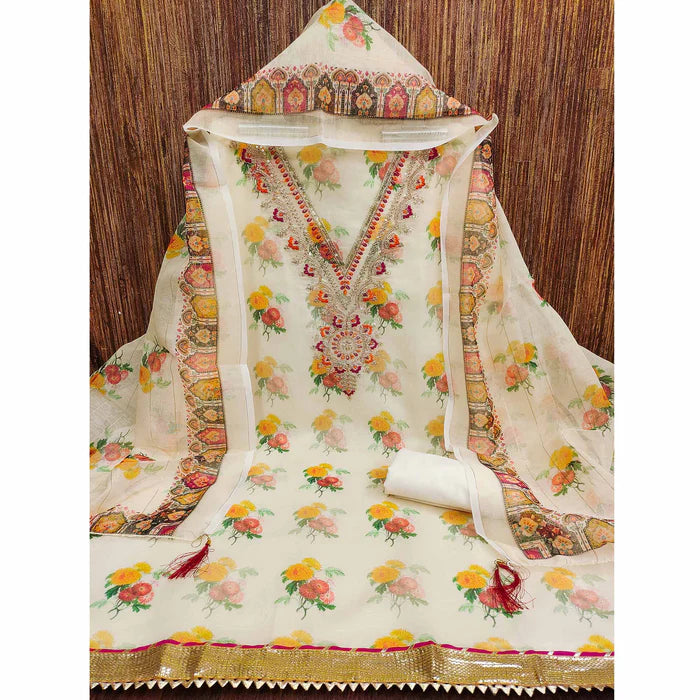 Cream Floral Digital Print Chanderi Silk Dress Material with Sequins & Cording Embroidery