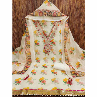 Cream Floral Digital Print Chanderi Silk Dress Material with Sequins & Cording Embroidery
