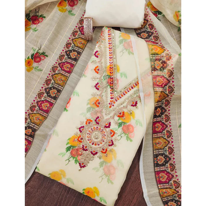 Cream Floral Digital Print Chanderi Silk Dress Material with Sequins & Cording Embroidery